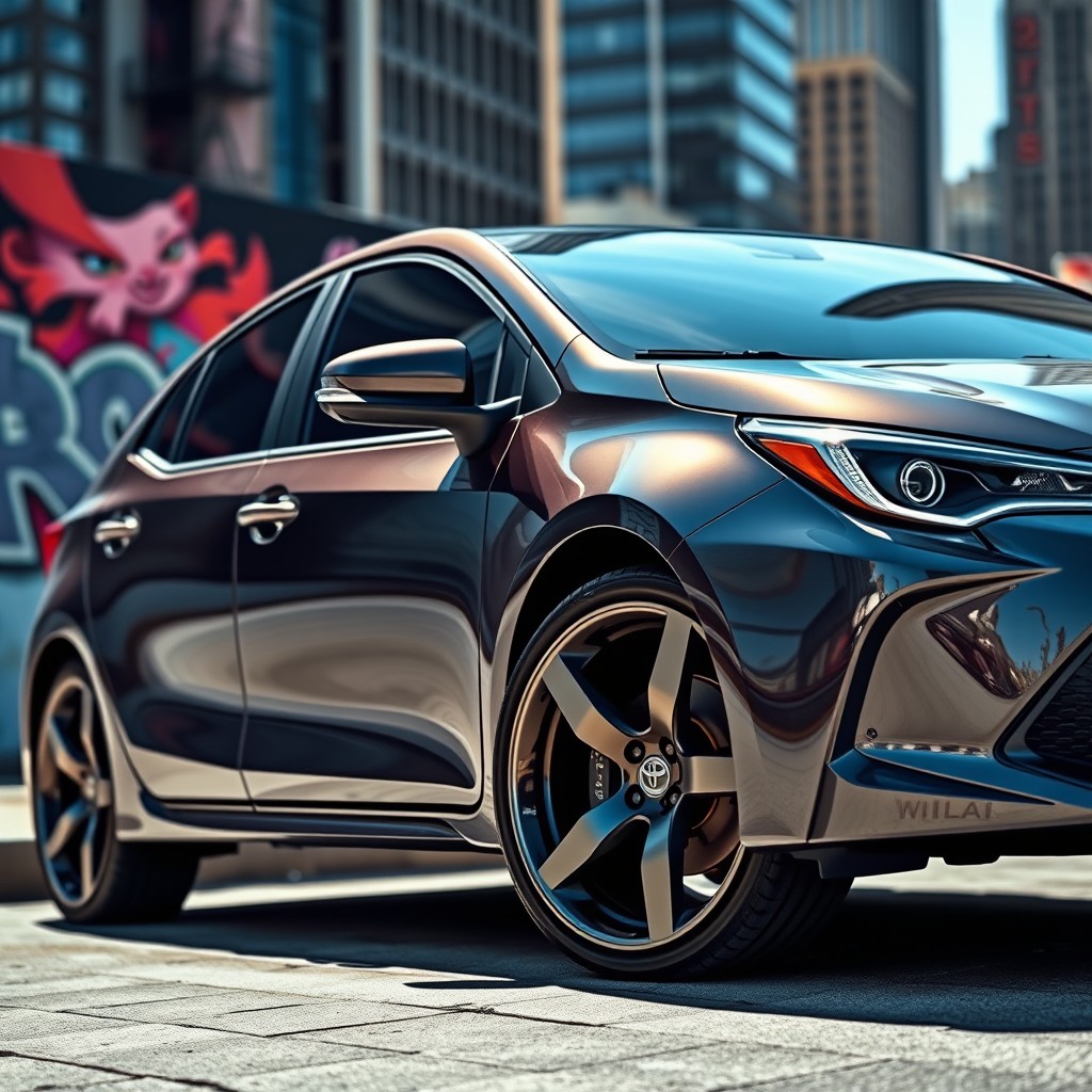 A sleek, modern four-door Toyota Corolla, featuring oversized, stylish wheels that give it an aggressive stance