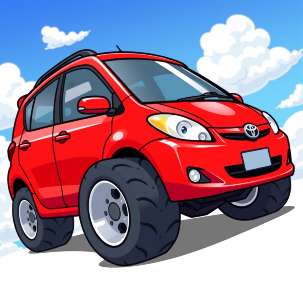 A cartoon-style vibrant red Toyota Corolla car featuring oversized, exaggerated tires