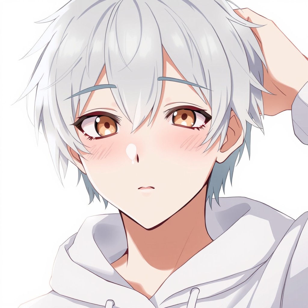 A close-up portrait of an anime-style male character with soft silver-white hair that is slightly messy and medium-length