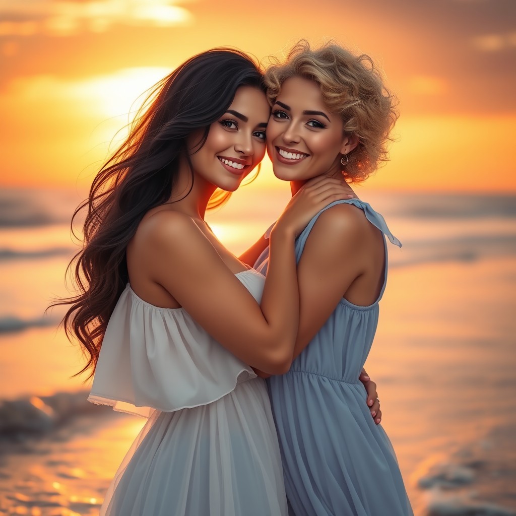 A beautiful artistic representation of two women in a romantic embrace, showcasing an intimate moment with soft smiles and bright eyes