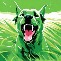 A vivid depiction of a dog exhibiting signs of anger, growling and flaring its teeth, in that same lush green field.