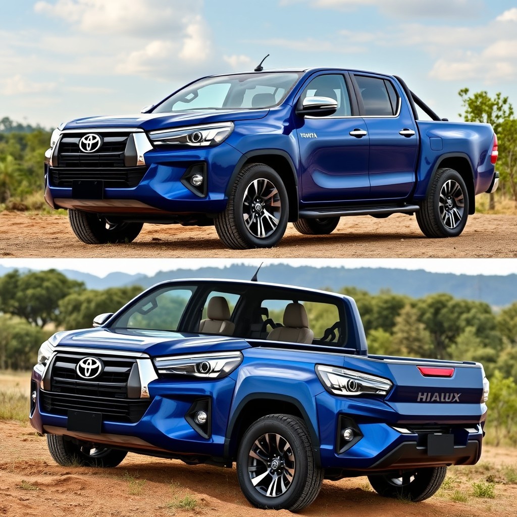 A beautifully designed double cabin body for a Toyota Hilux, featuring a sleek, modern appearance complete with cargo area, painted in a glossy deep blue finish