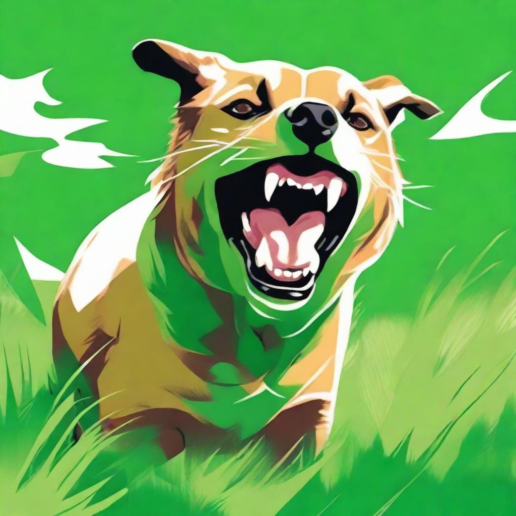 A vivid depiction of a dog exhibiting signs of anger, growling and flaring its teeth, in that same lush green field.