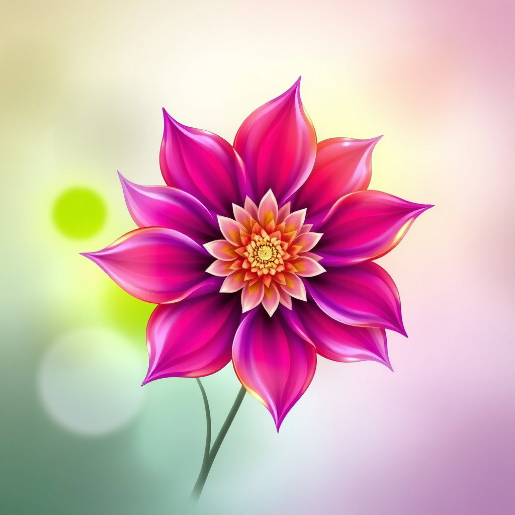 A vibrant and colorful abstract representation of a flower, with intricate petals and a radiant center, blending shades of purple, pink, and gold