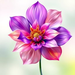 A vibrant and colorful abstract representation of a flower, with intricate petals and a radiant center, blending shades of purple, pink, and gold