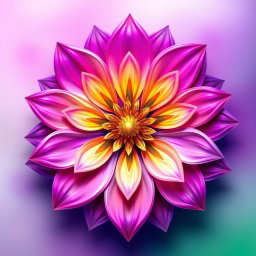A vibrant and colorful abstract representation of a flower, with intricate petals and a radiant center, blending shades of purple, pink, and gold