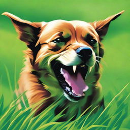 A vivid depiction of a dog exhibiting signs of anger, growling and flaring its teeth, in that same lush green field.