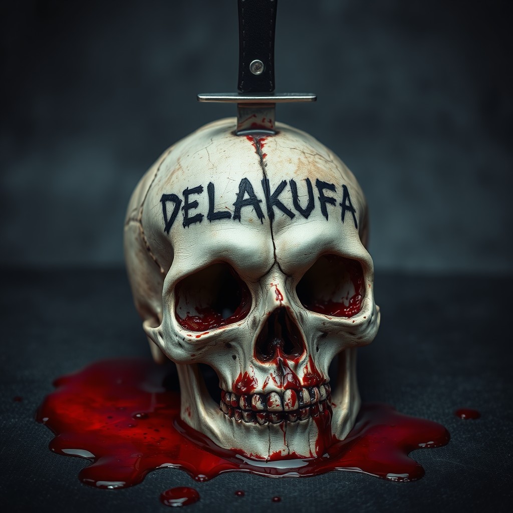 A dramatic and eerie image of a bloody skull resting on a dark, textured surface