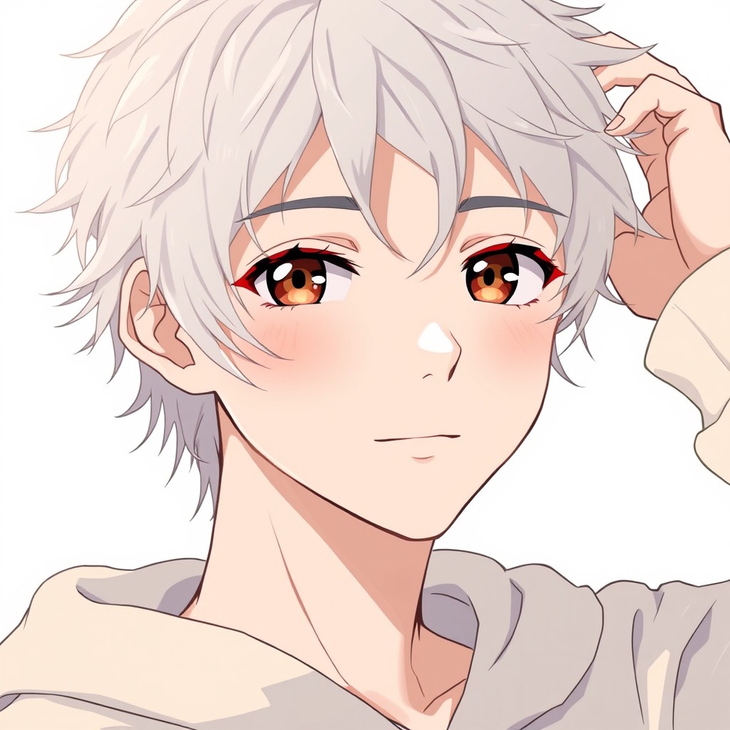 A close-up portrait of a handsome young adult anime male with soft silver-white messy hair and warm amber-brown eyes