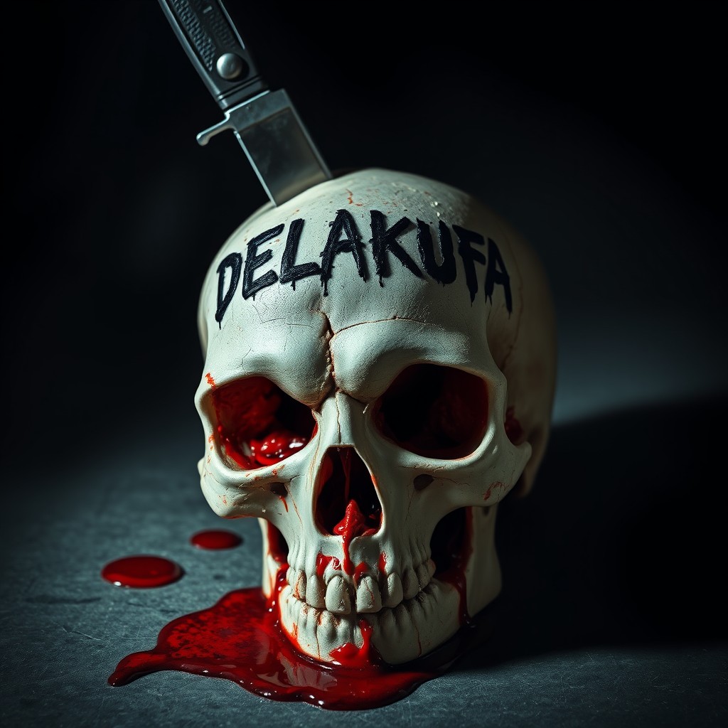 A striking and macabre image of a bloody skull positioned on a shadowy surface