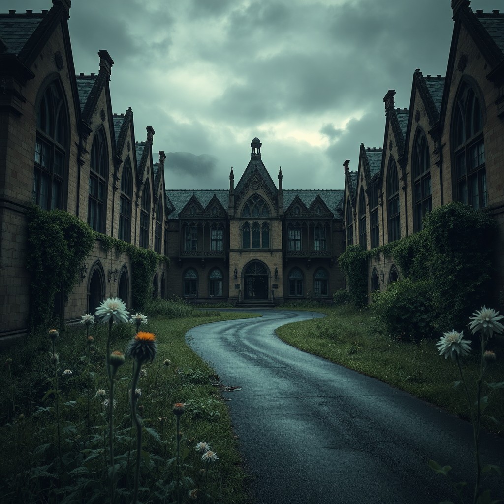 An eerie yet fascinating depiction of Waverly Hills Sanatorium, an abandoned tuberculosis hospital, showcasing its intricate Gothic architecture, crumbling walls, and overgrown vegetation