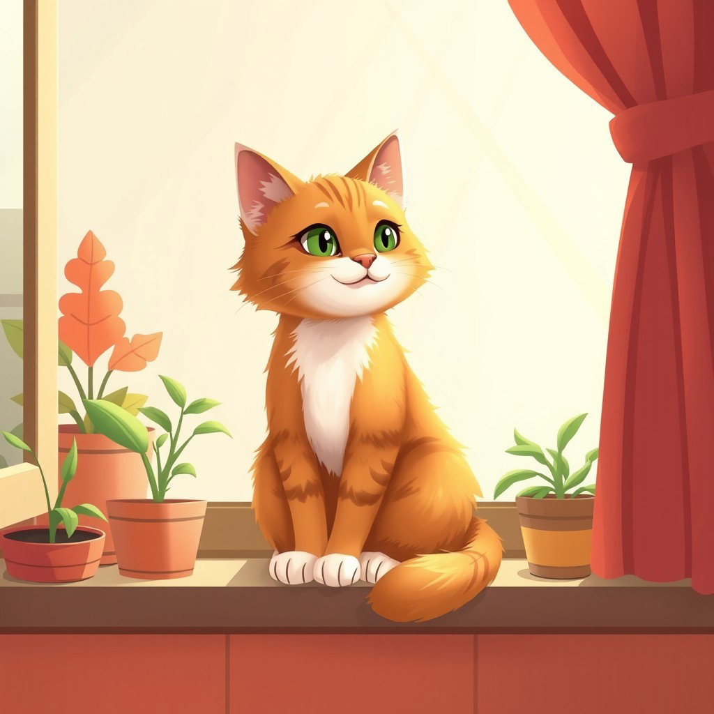 A stylized and artistic representation of a cat, sitting gracefully on a windowsill, with soft sunlight streaming in