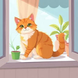 A stylized and artistic representation of a cat, sitting gracefully on a windowsill, with soft sunlight streaming in