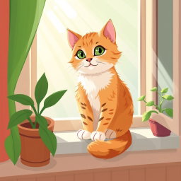 A stylized and artistic representation of a cat, sitting gracefully on a windowsill, with soft sunlight streaming in