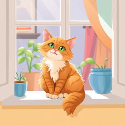 A stylized and artistic representation of a cat, sitting gracefully on a windowsill, with soft sunlight streaming in