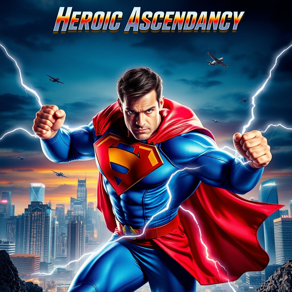 A dynamic superhero movie cover featuring a powerful, muscular hero in a striking pose, wearing a vibrant blue and red costume with a flowing cape