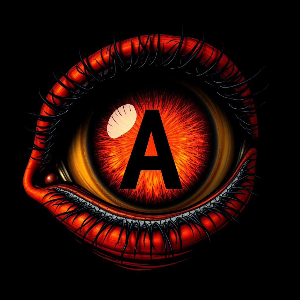 An orange and black monster's eye, with striking detail showcasing the intricate texture of the eye's surface