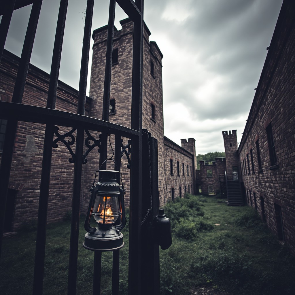 An atmospheric view of the Eastern State Penitentiary, showcasing its historic architecture with towering stone walls and eerie, overgrown grounds