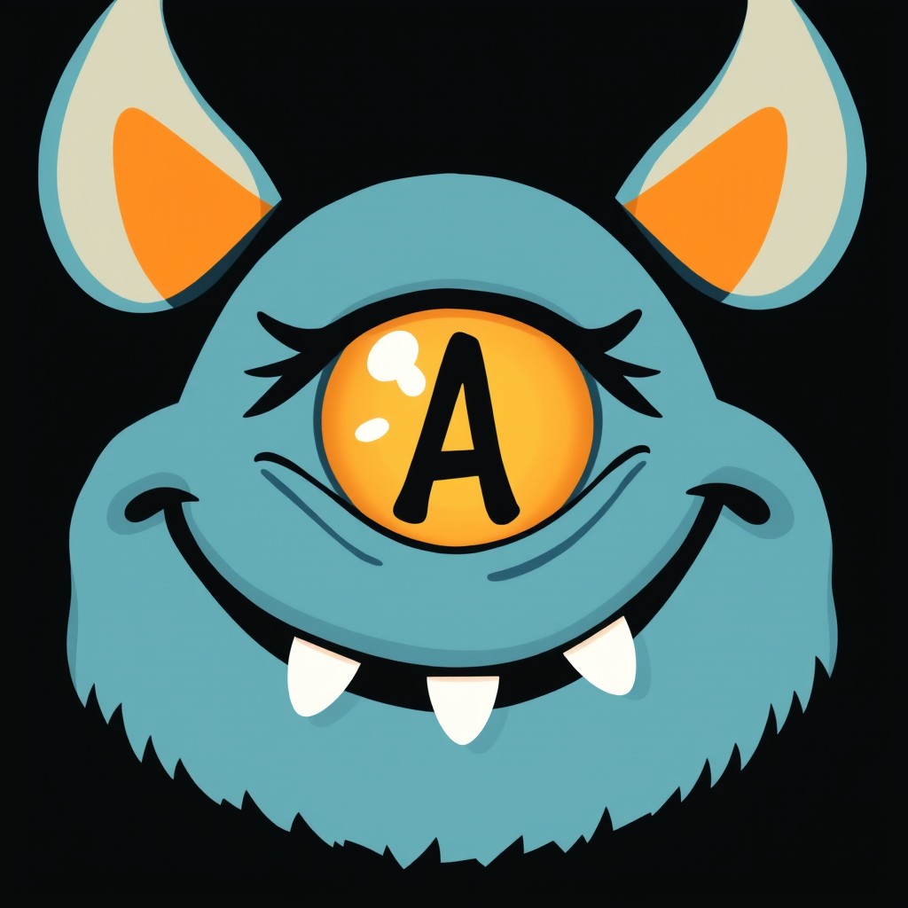 A light orange eye set in a light blue monster face, characterized by playful features and a whimsical expression