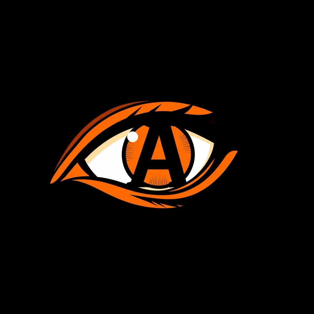 A striking illustration of a sharp eye, intricately designed in a light orange color with bold black accents