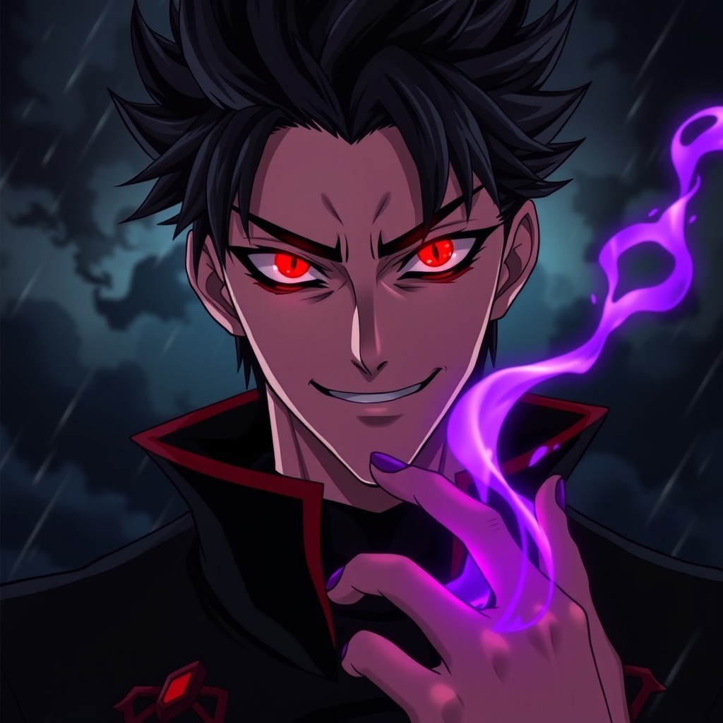 Close-up anime portrait of a mysterious male villain with spiky black hair and glowing red eyes, smirking confidently