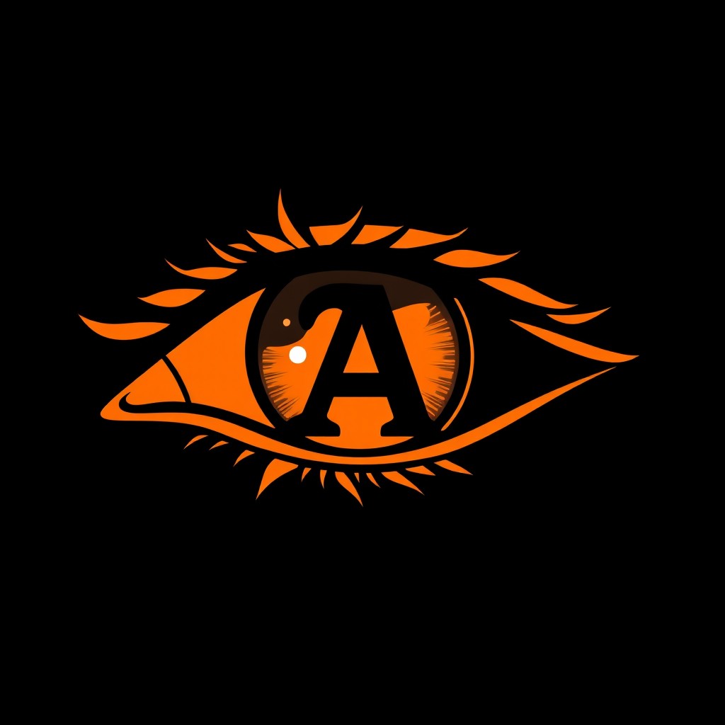 An artistic depiction of a sharp eye, predominantly in light orange and black, with a pronounced black letter 'A' featured prominently inside the eye