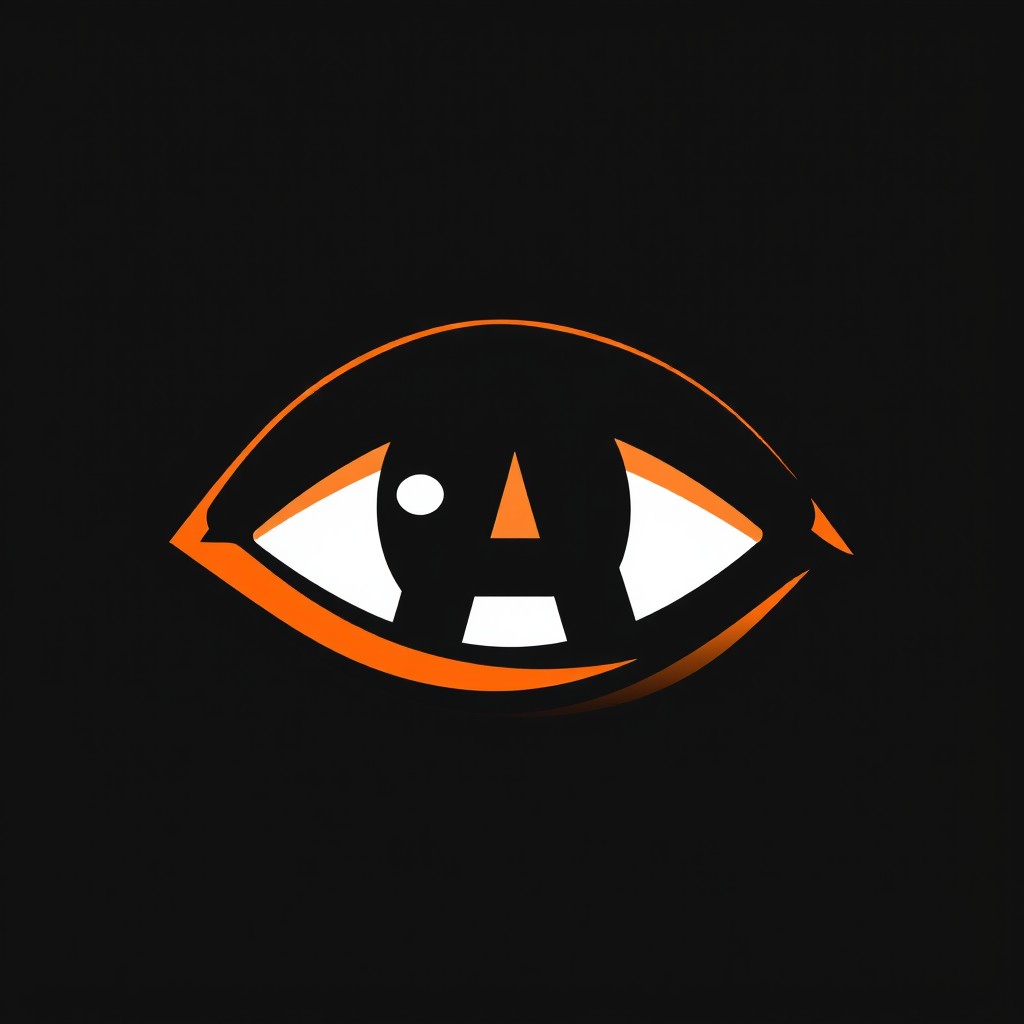 A sharp, stylized eye design in light orange and black colors, featuring a bold black letter A incorporated inside the eye
