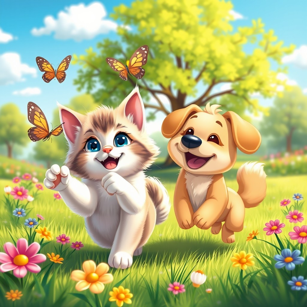 A cheerful scene depicting two cute animals, a fluffy cat named Masya with bright blue eyes and a playful dog named Tosha with a golden coat, joyfully playing together in a sunny park filled with colorful flowers and green grass