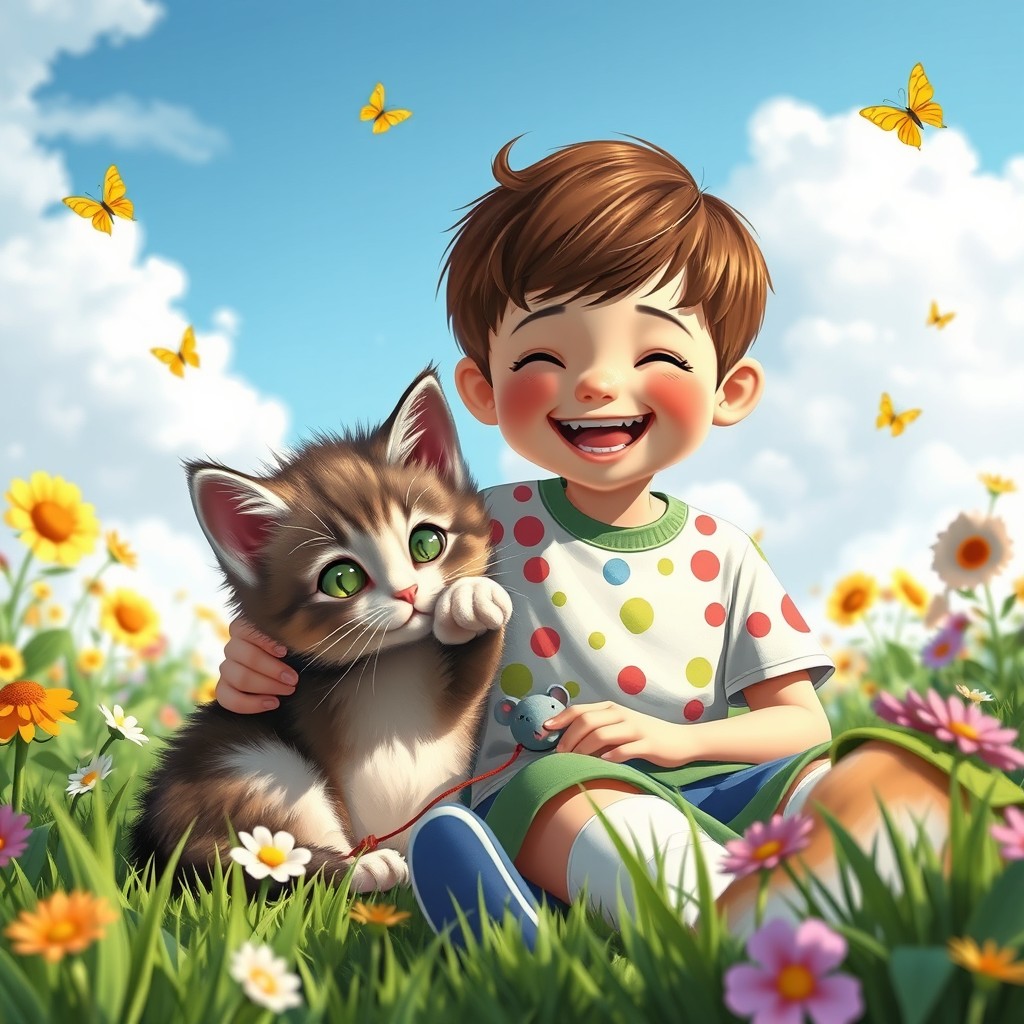 A heartwarming scene depicting a playful kitten named Masya, with fluffy fur and bright green eyes, snuggled next to a cheerful young boy named Tosha, who has short brown hair and is wearing a colorful t-shirt