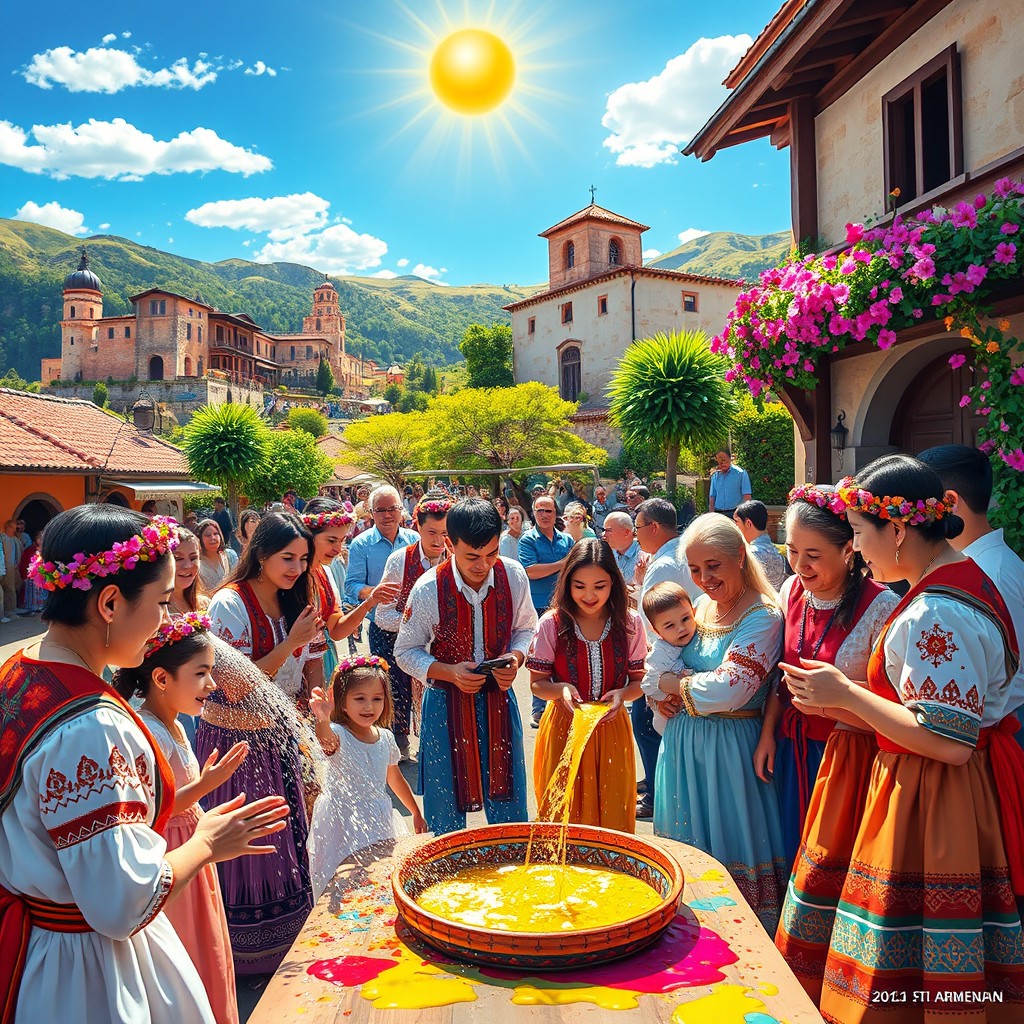 A vibrant and colorful depiction of the Armenian festival Vardavar, featuring traditional elements like water pouring, flower crowns, and joyful family gatherings