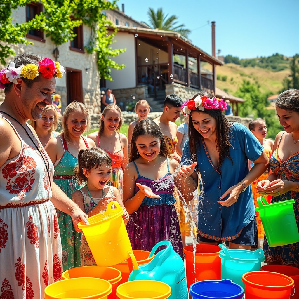 A lively and authentic representation of the Armenian tradition of Vardavar, showcasing people joyfully splashing water on each other during a bright summer day