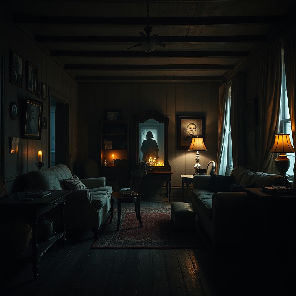 A spine-chilling scene inspired by 'The Conjuring', set within a dimly lit, spooky farmhouse living room that exudes a paranormal ambiance