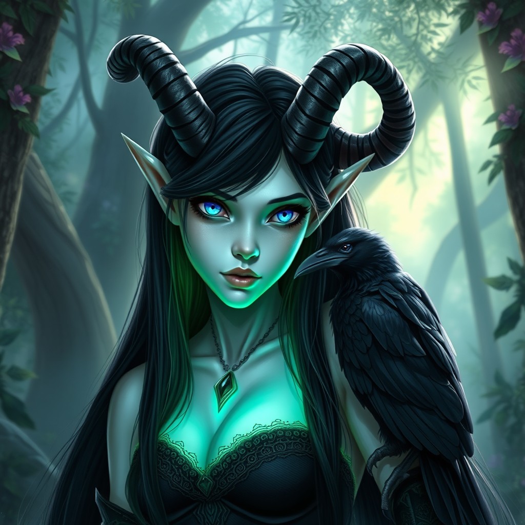 A Dungeons & Dragons character, a female satyr aged 20 years, standing at a height of 220 cm (7'2”)
