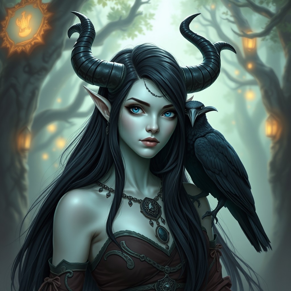 A Dungeons & Dragons character, a female satyr aged 20 years, standing at a height of 220 cm (7'2”)