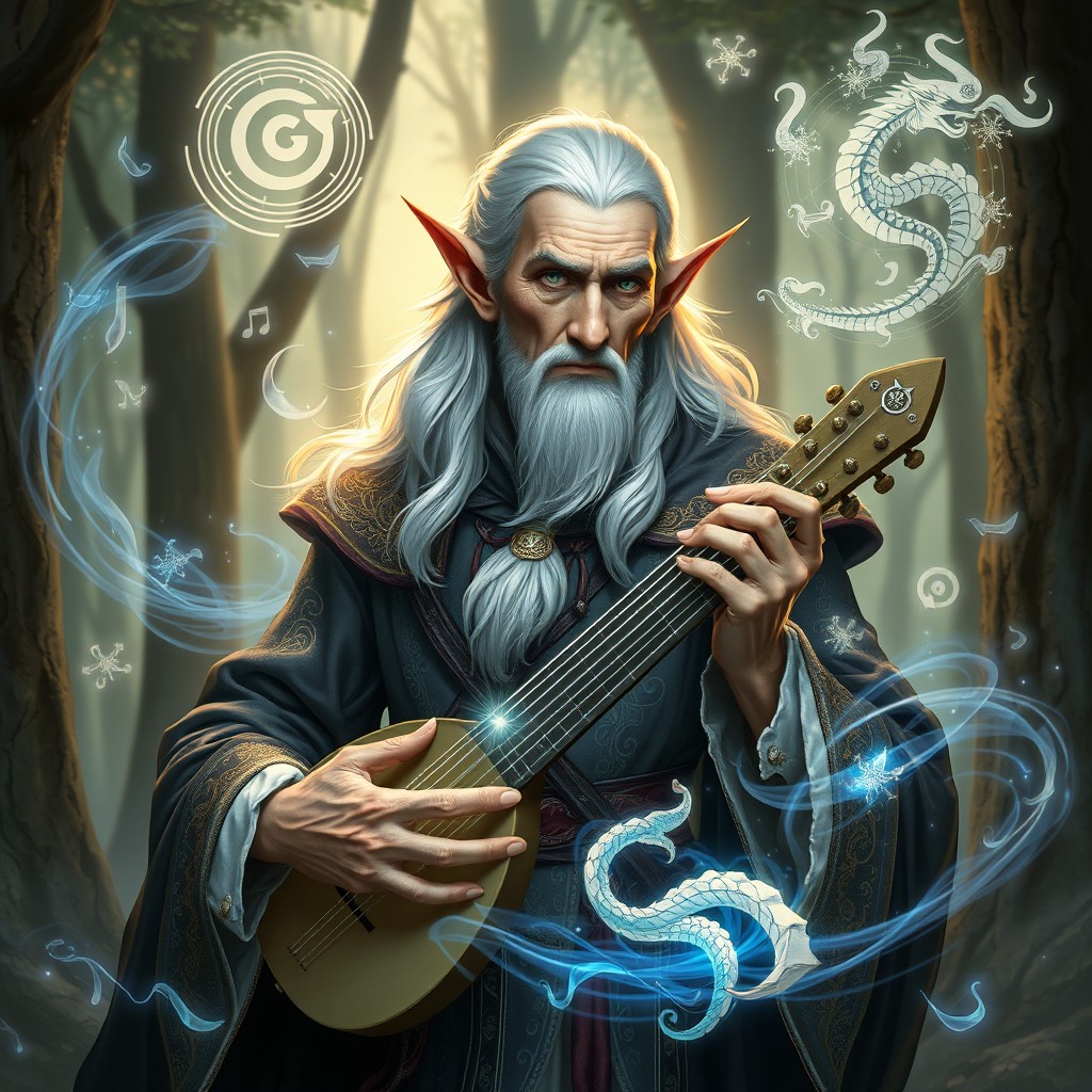 A 102-year-old male half-elf artist musician, dressed in elegant and ornate robes, embodying the essence of a silver dragon sorcerer
