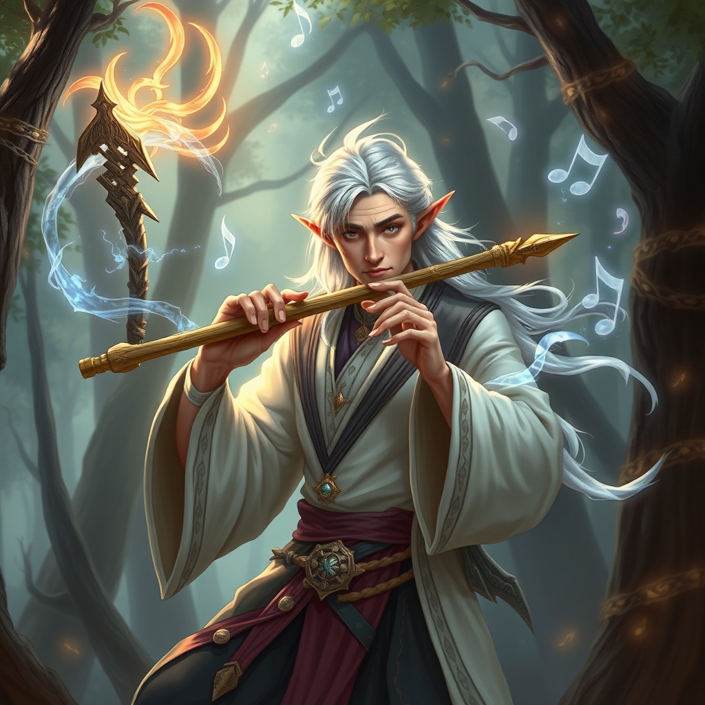 A 102-year-old male half-elf artist musician, appearing younger with a vibrant spirit, playing a flute while holding a magical staff in one hand and a dagger in the other