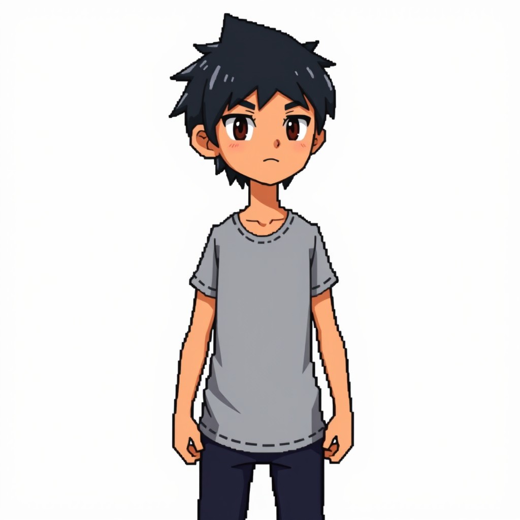 A character inspired by the main player of Terraria, featuring a short black haircut, wearing a gray t-shirt and dark jeans