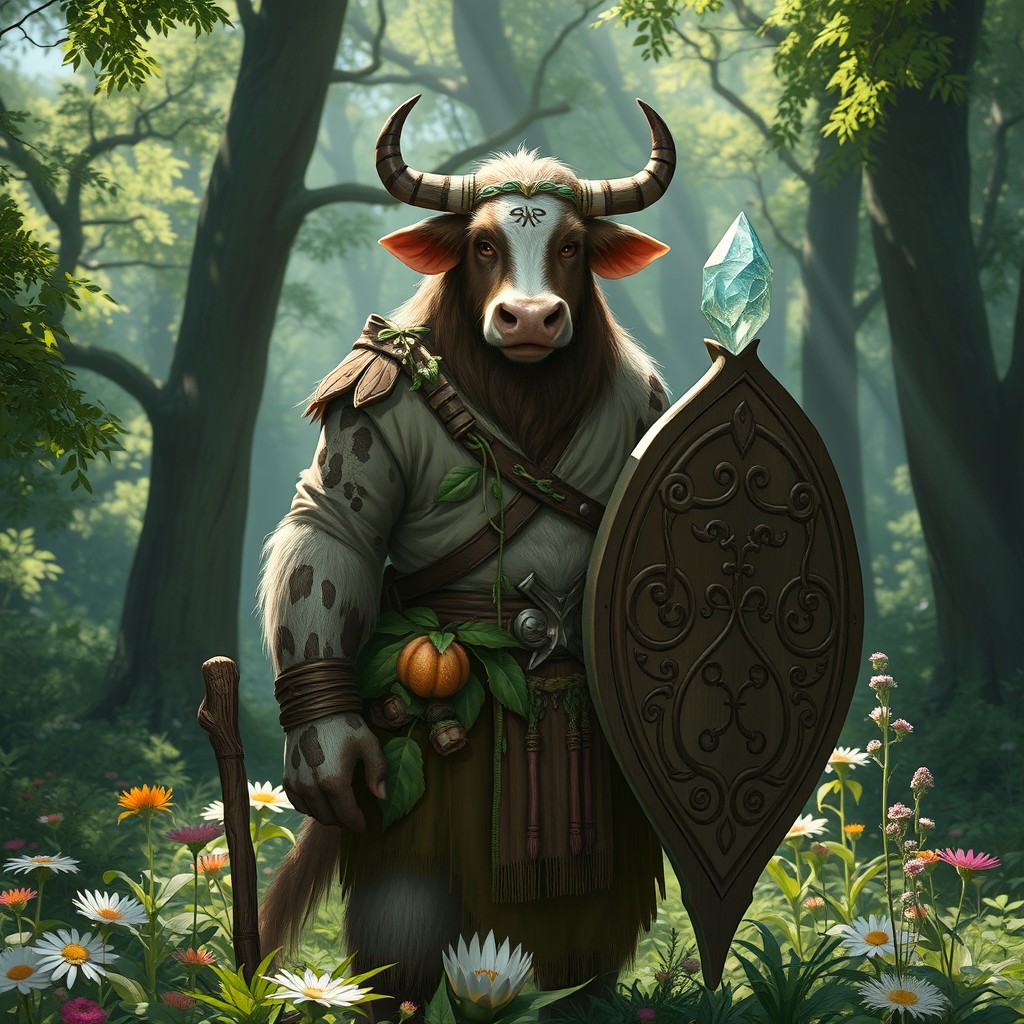 A Firbolg Druid resembling a cow, with a strong yet gentle demeanor
