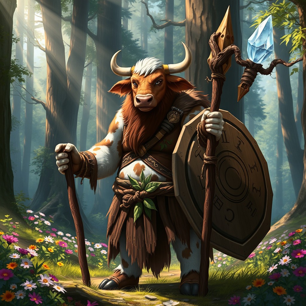 A Firbolg Druid resembling a cow, featuring a robust build covered in soft brown and white fur, complete with distinct spots that give him a bovine appearance