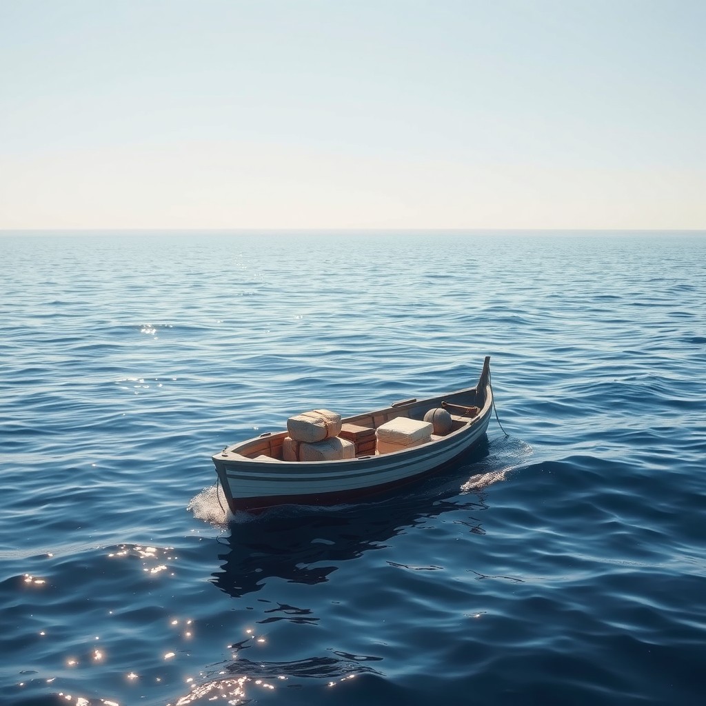 A serene scene of a small boat gently drifting on calm blue sea waters, surrounded by a bright clear sky