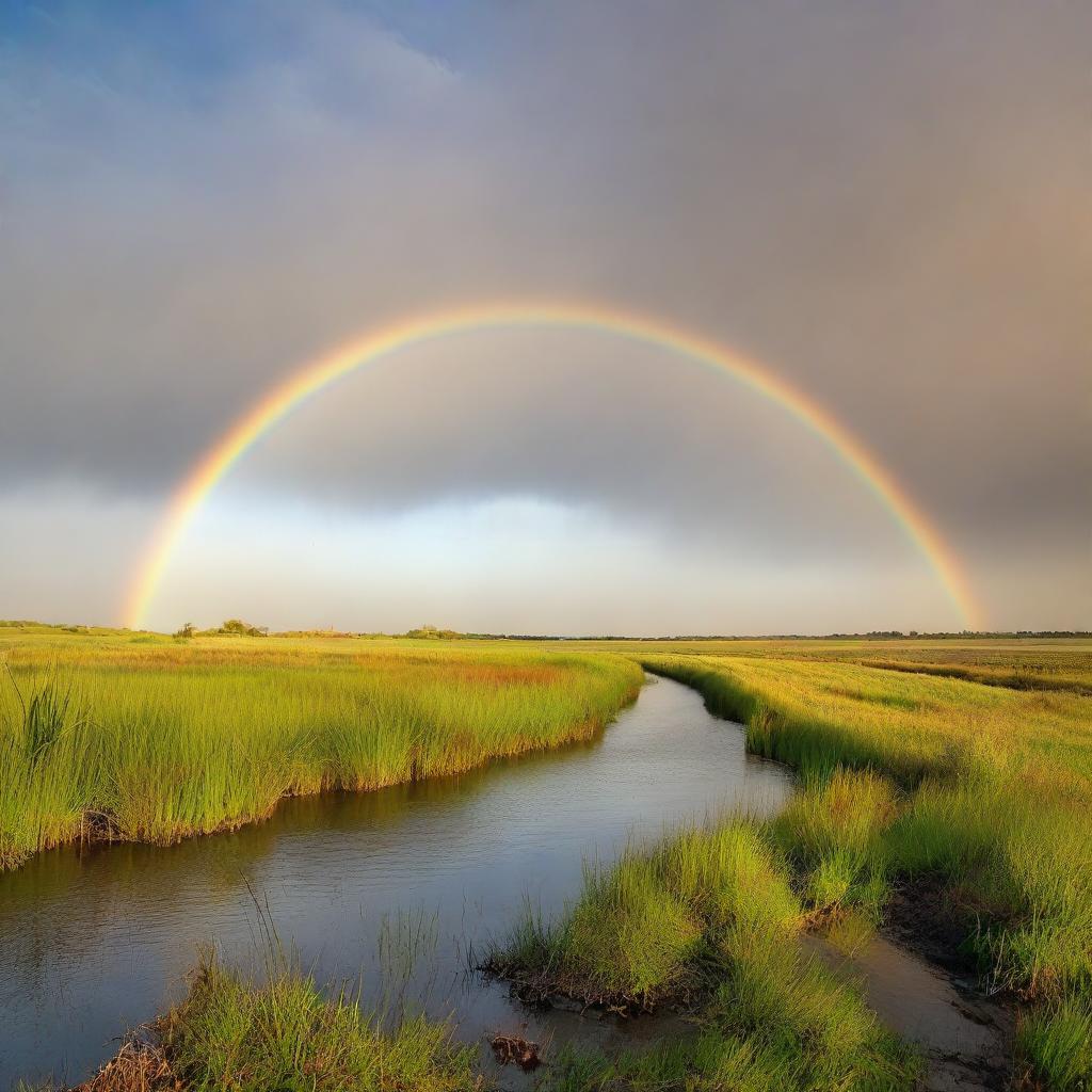 An afternoon landscape with green grass, a thin, blue river traveling straight from left to right with seven subtle waves, under a vibrant rainbow within a cloudless, brown sky.