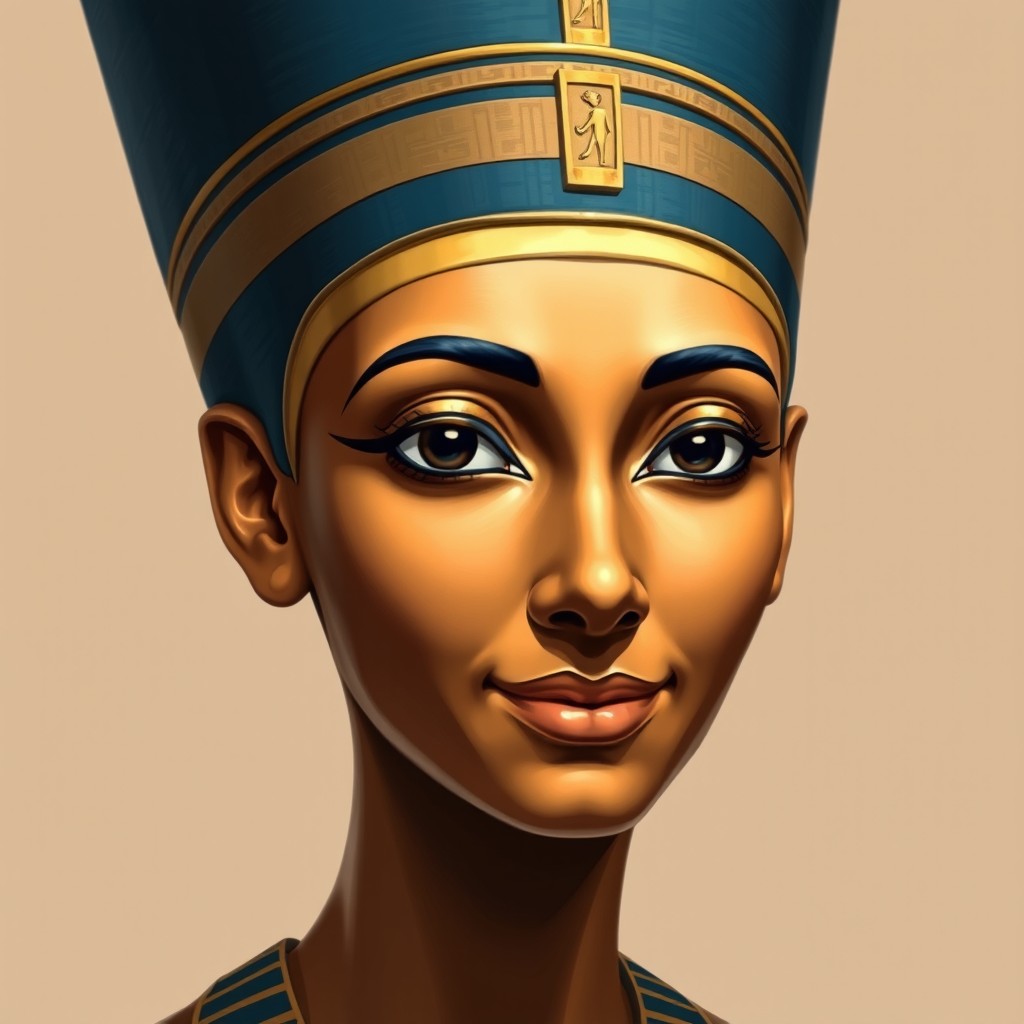 A regal and elegant depiction of the face of Nefertiti, featuring her iconic headdress and a subtle, gentle smile