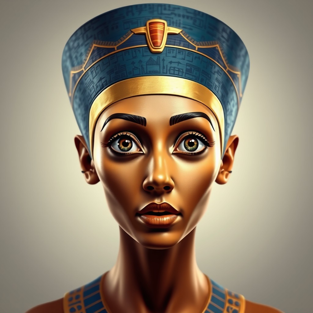 A stunning and expressive portrayal of the face of Nefertiti, showcasing an expression of surprise with one eyebrow raised