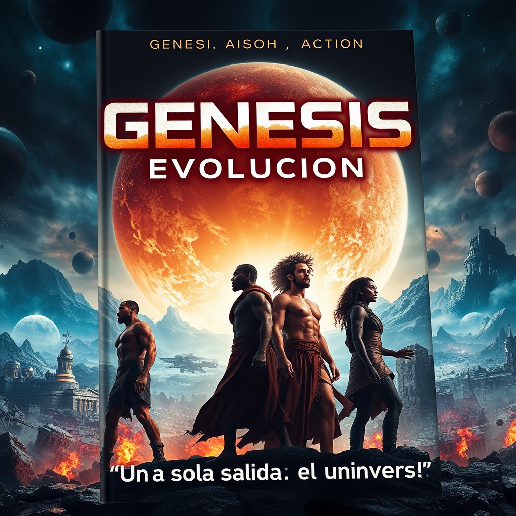 A cinematic book cover titled "Génesis Evolución" depicting a dramatic and intense scene of Earth in conflict set in the year 2500