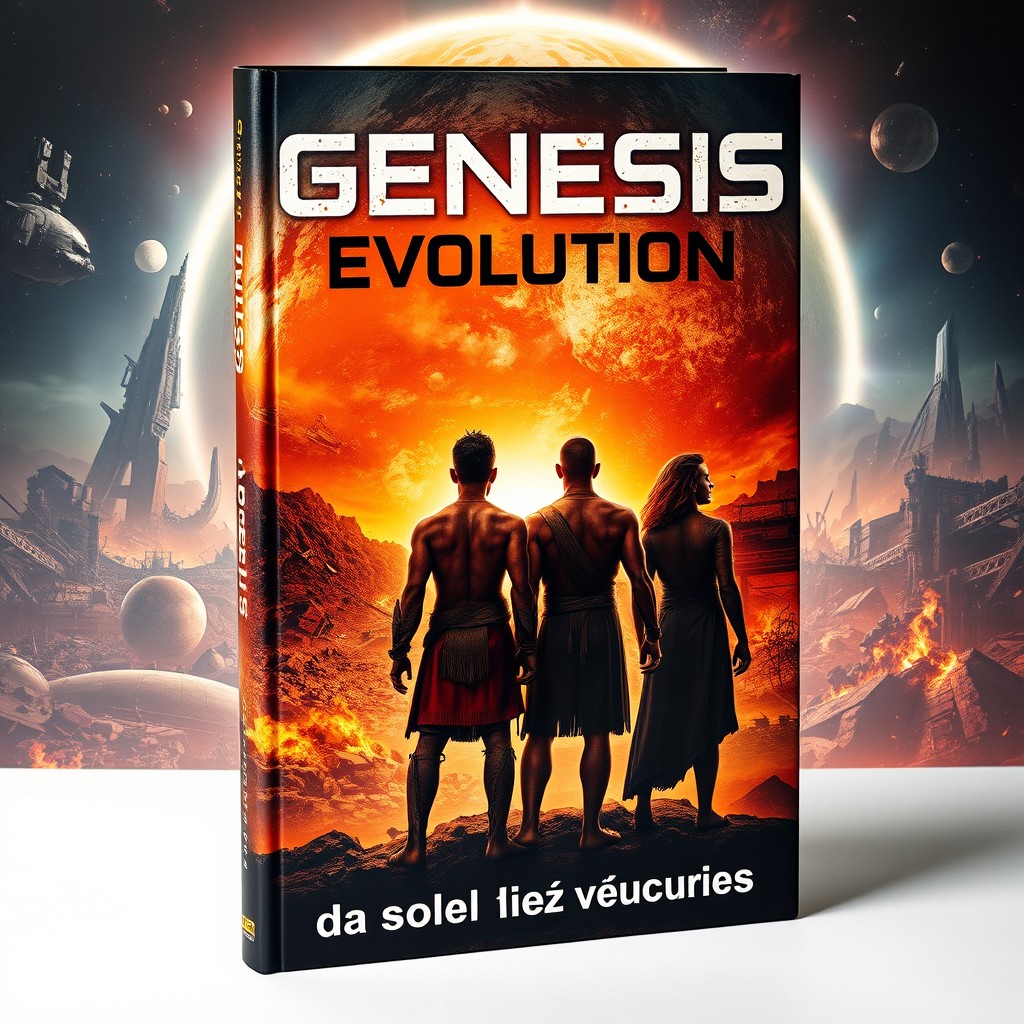 A cinematic book cover titled "Génesis Evolución" featuring a dramatic portrayal of Earth in conflict set in the year 2500