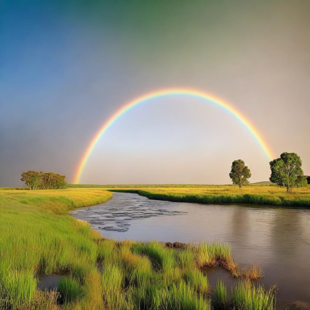 An afternoon landscape with green grass, a thin, blue river traveling straight from left to right with seven subtle waves, under a vibrant rainbow within a cloudless, brown sky.