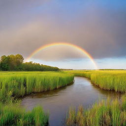 An afternoon landscape with green grass, a thin, blue river traveling straight from left to right with seven subtle waves, under a vibrant rainbow within a cloudless, brown sky.