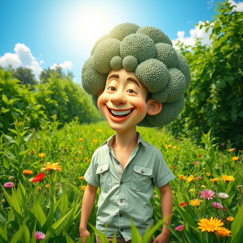 A whimsical scene featuring a man with a characteristically exaggerated head resembling a giant piece of broccoli, standing in a vibrant green field