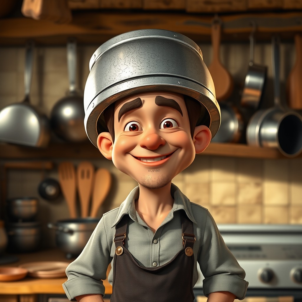 A quirky character design of a man with an oversized head shaped like a stove elbow fitting, featuring detailed metallic texture and shiny surfaces