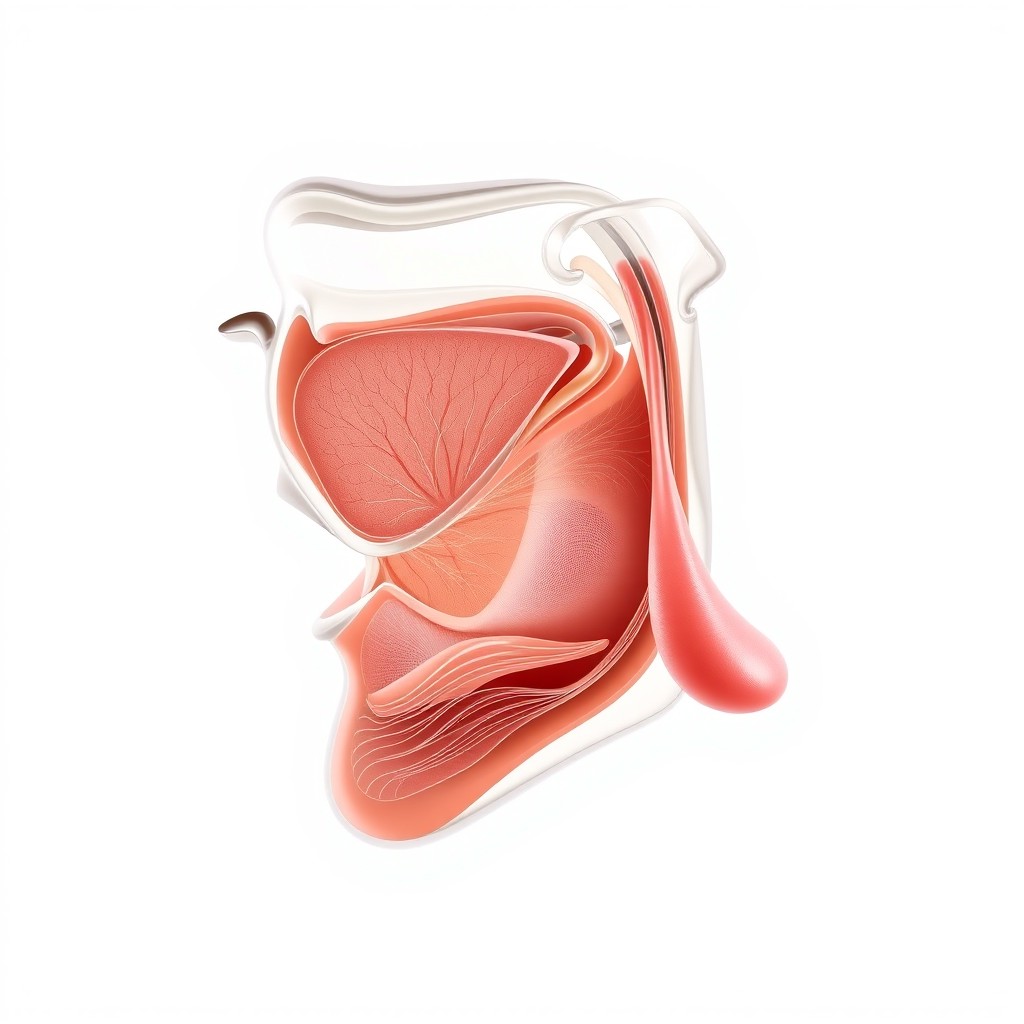 A highly detailed medical illustration of a human mouth in side profile, featuring semi-transparent cheeks that reveal underlying anatomical structures